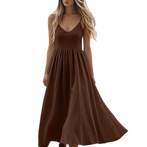 Sommerkleid Damen Spaghettiträger Lang Maxikleid Elegant Strandkleid Ärmellos A-Linie Freizeitkleid V-Ausschnitt Kleid Knielang Leicht und Luftiges Fließend Boho Urlaub Leinen Baumwolle Leinenkleid von Udbeksid