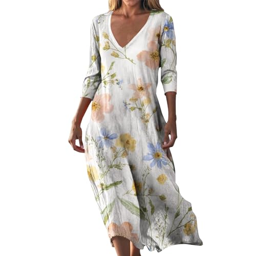 Sommerkleider Damen Leicht und Luftig Strandkleid Lang Boho Kleid Kurzarm V-Ausschnitt Maxikleider A-Linie Elegante Lässige Blumenkleid Strand Freizeitkleid Lange Urlaub Kleider Sundress Knielang von Udbeksid