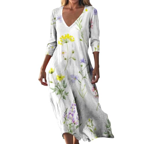 Sommerkleider Damen Leicht und Luftig Strandkleid Lang Boho Kleid Kurzarm V-Ausschnitt Maxikleider A-Linie Elegante Lässige Blumenkleid Strand Freizeitkleid Lange Urlaub Kleider Sundress Knielang von Udbeksid
