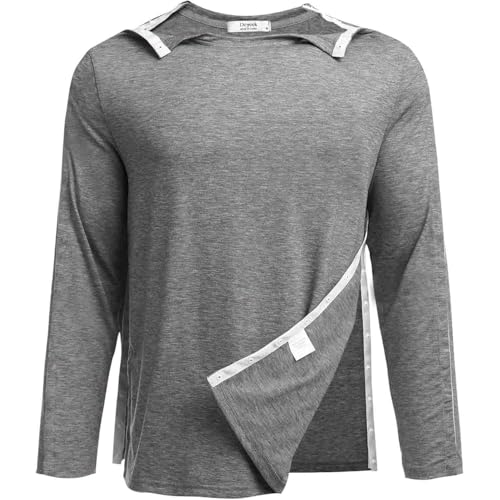 Sport Tshirts Herren Funktionsshirt Langarmshirt Vollständig Abreißbar T-Shirts nach Schulteroperationen mit Druckknopf Dialyse Chemo Port Zugangshemd T-Shirt-Oberteile von Udbeksid