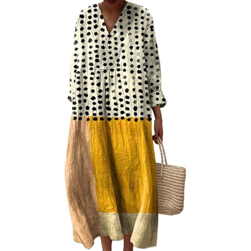 Strandkleid Damen Lang Hippie Kleid Knielang Kleidung Boho Sommerkleid Jersey Sommer Luftig V-Ausschnitt Freizeitkleid Lockeres Locker und Leicht Langarm A-Linie 2025 Blumendruck Leinenkleid von Udbeksid