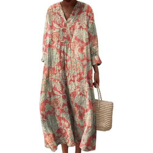 Strandkleid Damen Lang Hippie Kleid Knielang Kleidung Boho Sommerkleid Jersey Sommer Luftig V-Ausschnitt Freizeitkleid Lockeres Locker und Leicht Langarm A-Linie 2025 Blumendruck Leinenkleid von Udbeksid
