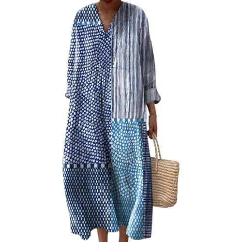 Strandkleid Damen Lang Hippie Kleid Knielang Kleidung Boho Sommerkleid Jersey Sommer Luftig V-Ausschnitt Freizeitkleid Lockeres Locker und Leicht Langarm A-Linie 2025 Blumendruck Leinenkleid von Udbeksid