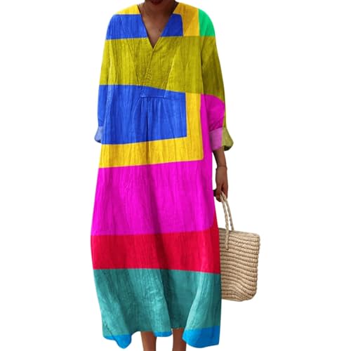 Strandkleid Damen Lang Hippie Kleid Knielang Kleidung Boho Sommerkleid Jersey Sommer Luftig V-Ausschnitt Freizeitkleid Lockeres Locker und Leicht Langarm A-Linie 2025 Blumendruck Leinenkleid von Udbeksid