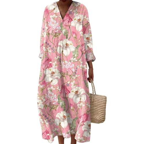 Strandkleid Damen Lang Hippie Kleid Knielang Kleidung Boho Sommerkleid Jersey Sommer Luftig V-Ausschnitt Freizeitkleid Lockeres Locker und Leicht Langarm A-Linie 2025 Blumendruck Leinenkleid von Udbeksid