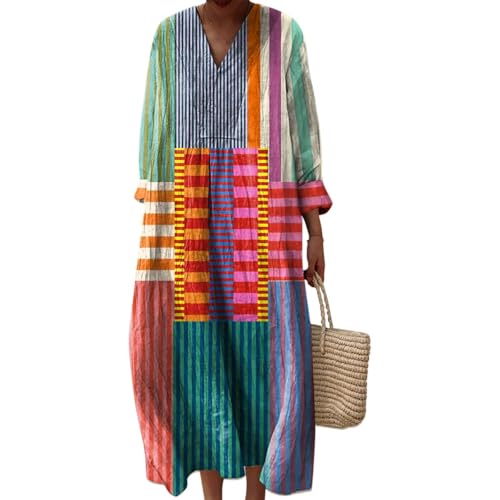 Strandkleid Damen Lang Hippie Kleid Knielang Kleidung Boho Sommerkleid Jersey Sommer Luftig V-Ausschnitt Freizeitkleid Lockeres Locker und Leicht Langarm A-Linie 2025 Blumendruck Leinenkleid von Udbeksid