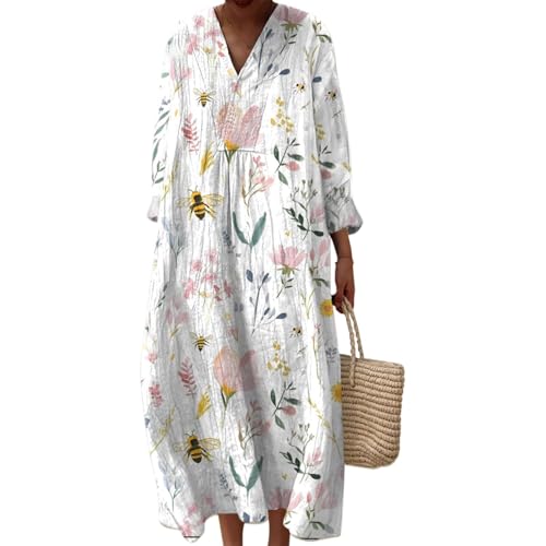 Strandkleid Damen Lang Hippie Kleid Knielang Kleidung Boho Sommerkleid Jersey Sommer Luftig V-Ausschnitt Freizeitkleid Lockeres Locker und Leicht Langarm A-Linie 2025 Blumendruck Leinenkleid von Udbeksid