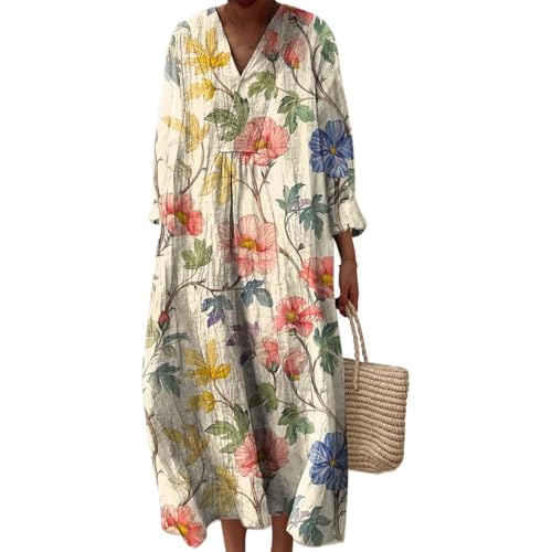 Strandkleid Damen Lang Hippie Kleid Knielang Kleidung Boho Sommerkleid Jersey Sommer Luftig V-Ausschnitt Freizeitkleid Lockeres Locker und Leicht Langarm A-Linie 2025 Blumendruck Leinenkleid von Udbeksid