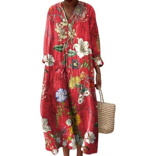 Strandkleid Damen Lang Hippie Kleid Knielang Kleidung Boho Sommerkleid Jersey Sommer Luftig V-Ausschnitt Freizeitkleid Lockeres Locker und Leicht Langarm A-Linie 2025 Blumendruck Leinenkleid von Udbeksid