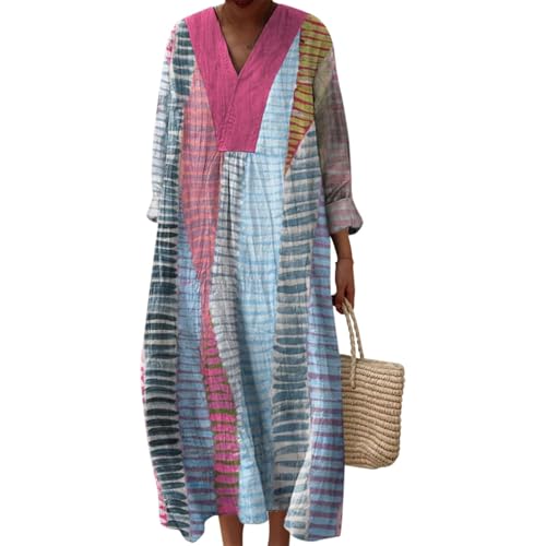Strandkleid Damen Lang Hippie Kleid Knielang Kleidung Boho Sommerkleid Jersey Sommer Luftig V-Ausschnitt Freizeitkleid Lockeres Locker und Leicht Langarm A-Linie 2025 Blumendruck Leinenkleid von Udbeksid