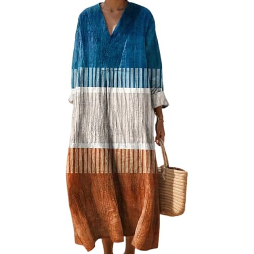 Strandkleid Damen Lang Hippie Kleid Knielang Kleidung Boho Sommerkleid Jersey Sommer Luftig V-Ausschnitt Freizeitkleid Lockeres Locker und Leicht Langarm A-Linie 2025 Blumendruck Leinenkleid von Udbeksid