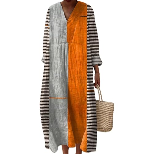 Strandkleid Damen Lang Hippie Kleid Knielang Kleidung Boho Sommerkleid Jersey Sommer Luftig V-Ausschnitt Freizeitkleid Lockeres Locker und Leicht Langarm A-Linie 2025 Blumendruck Leinenkleid von Udbeksid