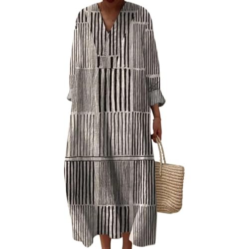 Strandkleid Damen Lang Hippie Kleid Knielang Kleidung Boho Sommerkleid Jersey Sommer Luftig V-Ausschnitt Freizeitkleid Lockeres Locker und Leicht Langarm A-Linie 2025 Blumendruck Leinenkleid von Udbeksid