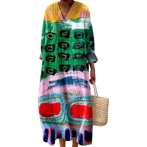 Strandkleid Damen Lang Hippie Kleid Knielang Kleidung Boho Sommerkleid Jersey Sommer Luftig V-Ausschnitt Freizeitkleid Lockeres Locker und Leicht Langarm A-Linie 2025 Blumendruck Leinenkleid von Udbeksid