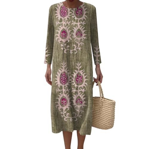 Strandkleid Damen Sommerkleid Langarm Boho Freizeitkleid A-Linie Kleid Knielang Leicht und Luftig 2025 Leinenkleid Musselin Rundhals Ausschnitt Casual mit Taschen Blumendruck Leinen Maxikleider von Udbeksid