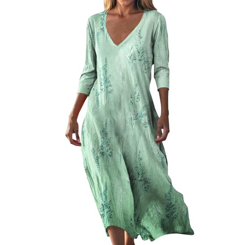 Strandkleid Damen Sommerkleider Leicht und Luftig Lang Boho Kleid Kurzarm V-Ausschnitt Maxikleider A-Linie Lässige Blumenkleid 3/4 Arm Strand Freizeitkleid Lange Urlaub Knielang Kleider Sundress von Udbeksid