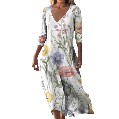 Strandkleid Damen Sommerkleider Leicht und Luftig Lang Boho Kleid Kurzarm V-Ausschnitt Maxikleider A-Linie Lässige Blumenkleid 3/4 Arm Strand Freizeitkleid Lange Urlaub Knielang Kleider Sundress von Udbeksid