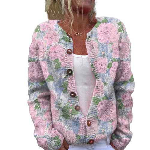 Strickjacke Damen Bunt Weihnachtspullover Cardigan Gestrickte Jacke mit Knöpfen Norweger Pullover Cute Front 3D Digital Bedruckte Strickcardigan Gemustert Strickpullover Leichte Strickmantel Sweaters von Udbeksid