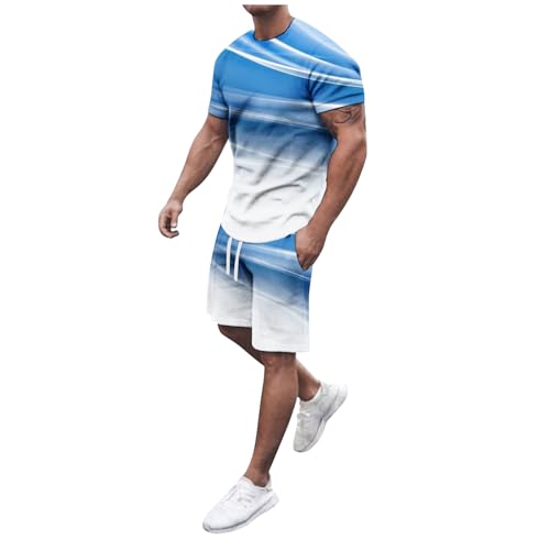 Trainingsanzug Herren Sommer Outfit Y2K Jogginganzug Baumwolle Kurze Hosen + T Shirt Set Shirts Hose Sets Freizeitanzug Tracksuit Casual 2 Teiliges Sportanzug für Männer Gradient Zweiteiliges Set von Udbeksid