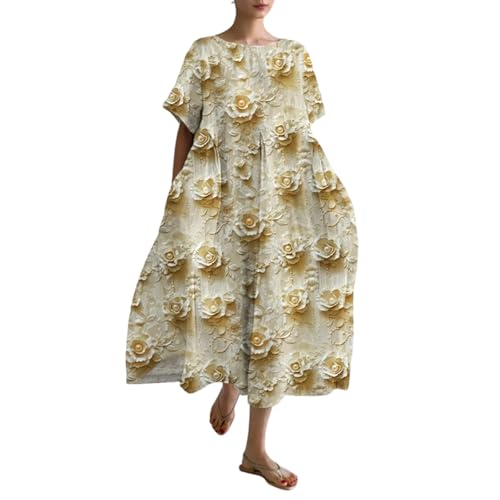Tunikakleid Damen Sommer Sommerkleid Lockeres Blumen Maxikleid Print Lange Blusenkleid Freizeitkleider Tunika Große Größen Rundhals Short Ärmel Strandkleider Casual Kleid Boho Leinenoptik Strandkleid von Udbeksid