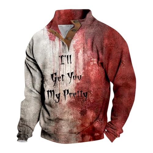 Udbeksid Halloween Blutspritzer Muster Pullover 2024 Herren Sweatshirt Mit Knopfleiste Entsetzen Blutig Bedruckt Langarmshirt Langarm Herbst Winter Oberteil Shirts Horror Blood Sports Warm Sweater von Udbeksid