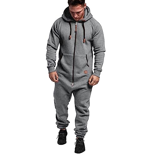 Udbeksid Herren Overall Jumpsuit Trainingsanzug für Männer Jogginghose One Piece Reißverschluss Trainingsanzug mit Kapuze und Taschepsuit Fitness Einteiler Bekleidung Warm Winter von Udbeksid
