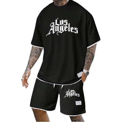 Udbeksid Herren Set T-Shirt und Shorts Sport Sommer Outfit Trainingsanzug 2 Teiliges Zweiteiler Sportanzug Casual Anzug Jogginganzug Tracksuit Rundhal Baggy Freizeitanzug Kurzarm Men Sets mit Tasche von Udbeksid