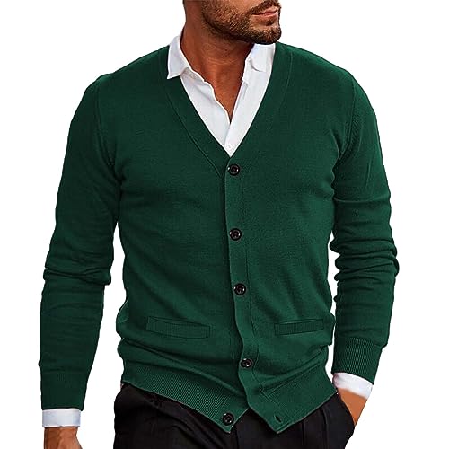 Udbeksid Herren Strickjacke Kragenlos V Ausschnitt Strickjacke Strickhemd Jacke Leichte Übergangsjacke Sweater Langarm Pullover Herbst und Winter Einreihig Einfarbig Warme Jacke von Udbeksid