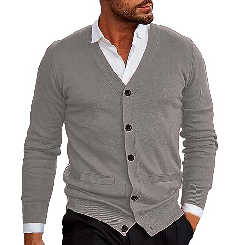 Udbeksid Herren Strickjacke Kragenlos V Ausschnitt Strickjacke Strickhemd Jacke Leichte Übergangsjacke Sweater Langarm Pullover Herbst und Winter Einreihig Einfarbig Warme Jacke von Udbeksid