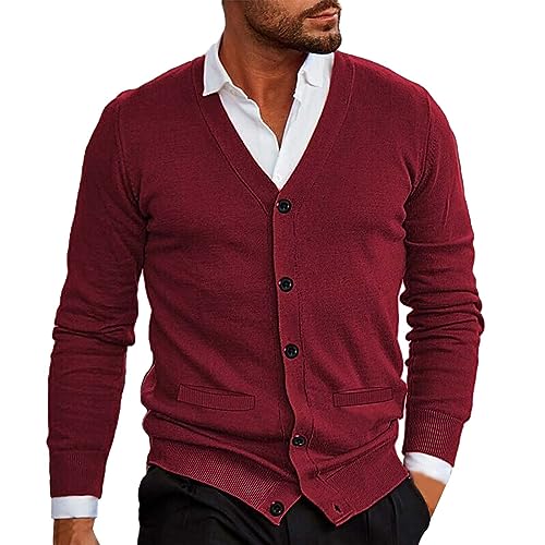 Udbeksid Herren Strickjacke Kragenlos V Ausschnitt Strickjacke Strickhemd Jacke Leichte Übergangsjacke Sweater Langarm Pullover Herbst und Winter Einreihig Einfarbig Warme Jacke von Udbeksid
