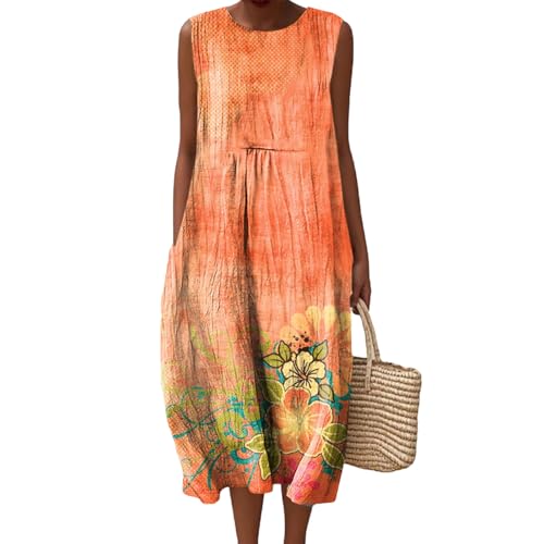 Udbeksid Sommerkleid Armellos Damen Leinenkleider Luftige Sommerkleider Lang Leinenkleid Ärmellos Sommer Locker Musselin Kleid Midi Strandkleid Leinen 2025 Vintage Blumendruck Freizeitkleid Knielang von Udbeksid