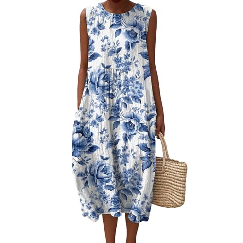 Udbeksid Sommerkleid Baumwolle Damen Leinenkleider Luftige Sommerkleider Lang Leinenkleid Ärmellos Sommer Locker Musselin Kleid Midi Strandkleid Leinen 2025 Vintage Blumendruck Freizeitkleid Knielang von Udbeksid