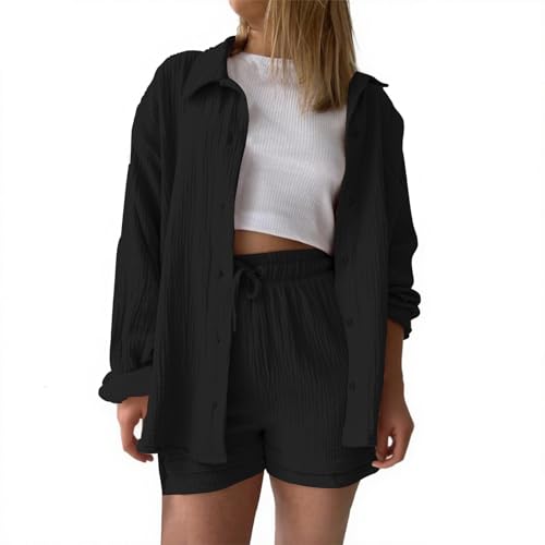 Zweiteiler Musselin Damen Sommer Set Kurzarm Shorts und Hemd Outfit Lounge Leinen Freizeitanzug Strandbekleidung Elegant 2 Teiliges Hausanzug Loungewear Two Piece Clothes Freizeit Anzug Women von Udbeksid