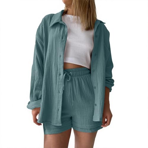 Zweiteiler Musselin Damen Sommer Set Kurzarm Shorts und Hemd Outfit Lounge Leinen Freizeitanzug Strandbekleidung Elegant 2 Teiliges Hausanzug Loungewear Two Piece Clothes Freizeit Anzug Women von Udbeksid