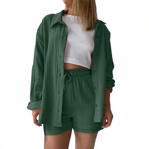 Zweiteiler Musselin Damen Sommer Set Kurzarm Shorts und Hemd Outfit Lounge Leinen Freizeitanzug Strandbekleidung Elegant 2 Teiliges Hausanzug Loungewear Two Piece Clothes Freizeit Anzug Women von Udbeksid