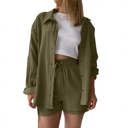 Zweiteiler Musselin Damen Sommer Set Kurzarm Shorts und Hemd Outfit Lounge Leinen Freizeitanzug Strandbekleidung Elegant 2 Teiliges Hausanzug Loungewear Two Piece Clothes Freizeit Anzug Women von Udbeksid