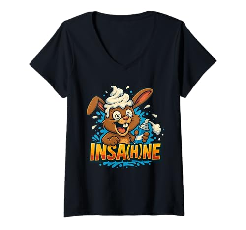 Damen Cartoon Hase mit Wortspiel INSAHNE verrücktes Design T-Shirt mit V-Ausschnitt Damen Cartoon Hase mit Wortspiel INSAHNE verrücktes Design T-Shirt mit V-Ausschnitt von Udogoodvibes