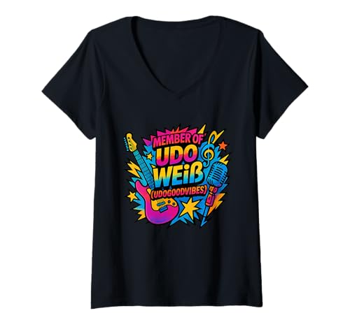 Damen Community Design Member of Udo Weiß T-Shirt mit V-Ausschnitt von Udogoodvibes