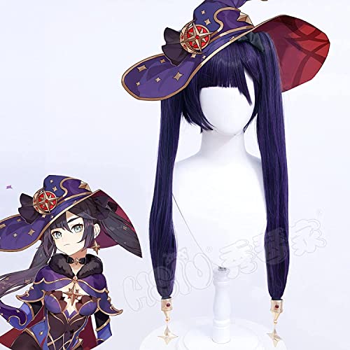 Uearlid Wig Anime Cosplay Game Genshin Wirkung Mona Cosplay Perücke Schwarze und lila Mischfarbe Doppelt Pferdeschwanz Lange Haarfaser Synthetische Perücke von Uearlid