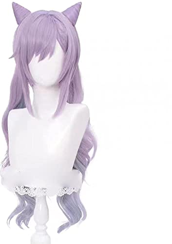 Uearlid Wig Anime Cosplay Genshin Wirkung Cosplay Keqing Lila Lange Gelockte Pferdeschwänze Ohren Hörner Pigtails Hitzebeständige Frauen Halloween Cap Anime Perücken von Uearlid