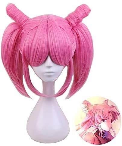 Uearlid Wig Anime Cosplay Sailor Moon Sailor Chibi USA Chibiusa Kurzes Rosa mit Pferdeschwanzclip Hitzebeständige Kunsthaar Cosplay Kostüm Perücken von Uearlid