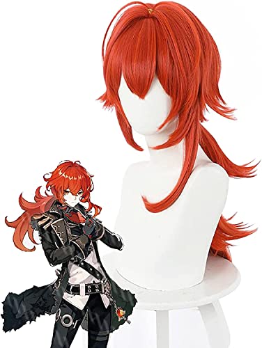 Uearlid Wig Anime Cosplay Spiel Cosplay Perücken, Genshin Impact Diluc Ragnvindr Cosplay Perücke for Halloween Party Requisiten Zubehör mit kostenloser Perücke von Uearlid