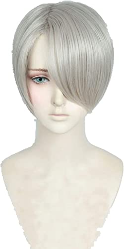 Uearlid Wig Anime Cosplay Yuri !!!auf EIS NikiForov Victor Herren Kurzes beige grau hitzebeständige Cosplay-Kostümperücke von Uearlid