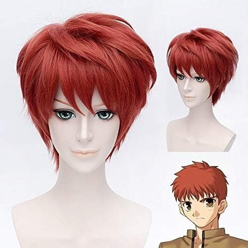 Wig Anime Cosplay Emiya Shirou rote Cosplay-Perücken for Männer und Jungen, kurze, glatte Haare, hitzebeständiges Kunsthaar + Kappe von Uearlid