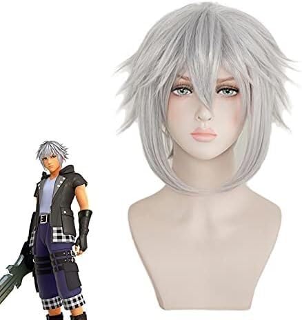 Wig Anime Cosplay Gelten for Spiel III Riku Perücke Cosplay Grau Kurze Haare Hitzebeständige Synthetische Haar Party Cosplay Kostüm Perücken + Kappe von Uearlid