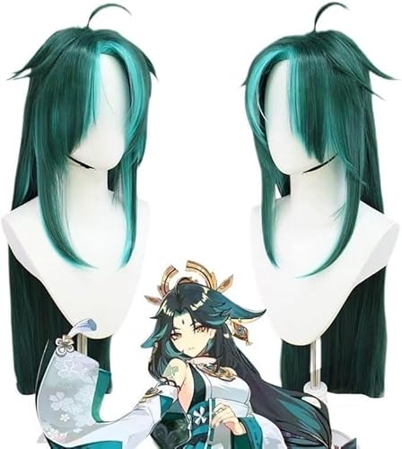 Wig Anime Cosplay Genshin Impact Cosplay Xiao Perücke gemischt dunkelgrün blau langes glattes hitzebeständiges Haar Halloween Rollenspiel + Perückenkappe von Uearlid