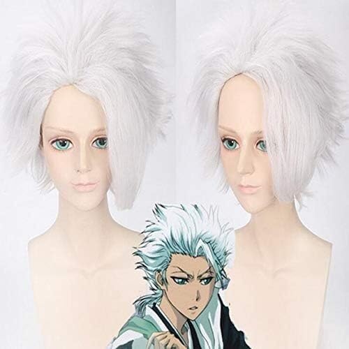 Wig Anime Cosplay Hitsugaya Toushirou Cosplay Perücke Kurze Silber Weiß Geschichteten Flauschigen Synthetische Hitsugaya Cosplay Haar Perücken + Kappe von Uearlid