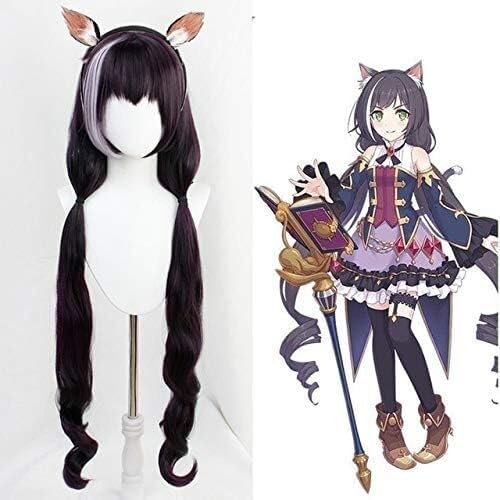 Wig Anime Cosplay Perücke for Anime Princess Connect! Re:Dive Kyro Cosplay-Perücke, 110 cm, Farbverlauf, Katzenohren, lange lockige Pferdeschwanz-Perücke, Cosplay-Perücke + Plüschohren, Perücke mit Oh von Uearlid