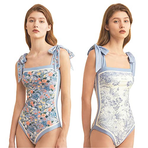 Badeanzug Damen,Badeanzug Einteilige,Swimsuit One Piece Doppelseitiger,Druck Sexy Push Up Badeanzug mit Schnürung (Blau,L) von Ueeqito