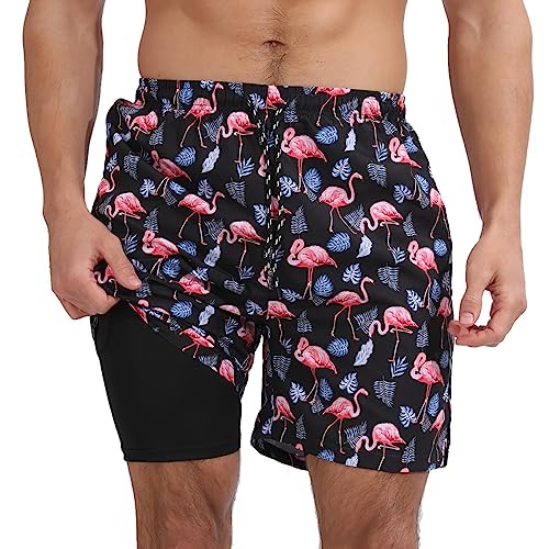 Ueeqito Herren Strand Shorts, 2 in 1 Stretch Badehose, Workout, schnell trocknend, mit Innentasche (Schwarzer Flamingo,XL) von Ueeqito